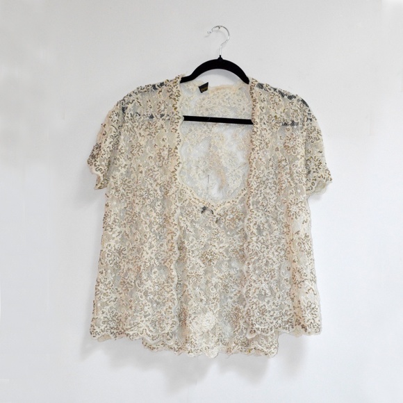 Beaded Sheer Lace Tank And Short Sleeve Cardigan - Picture 4 of 10